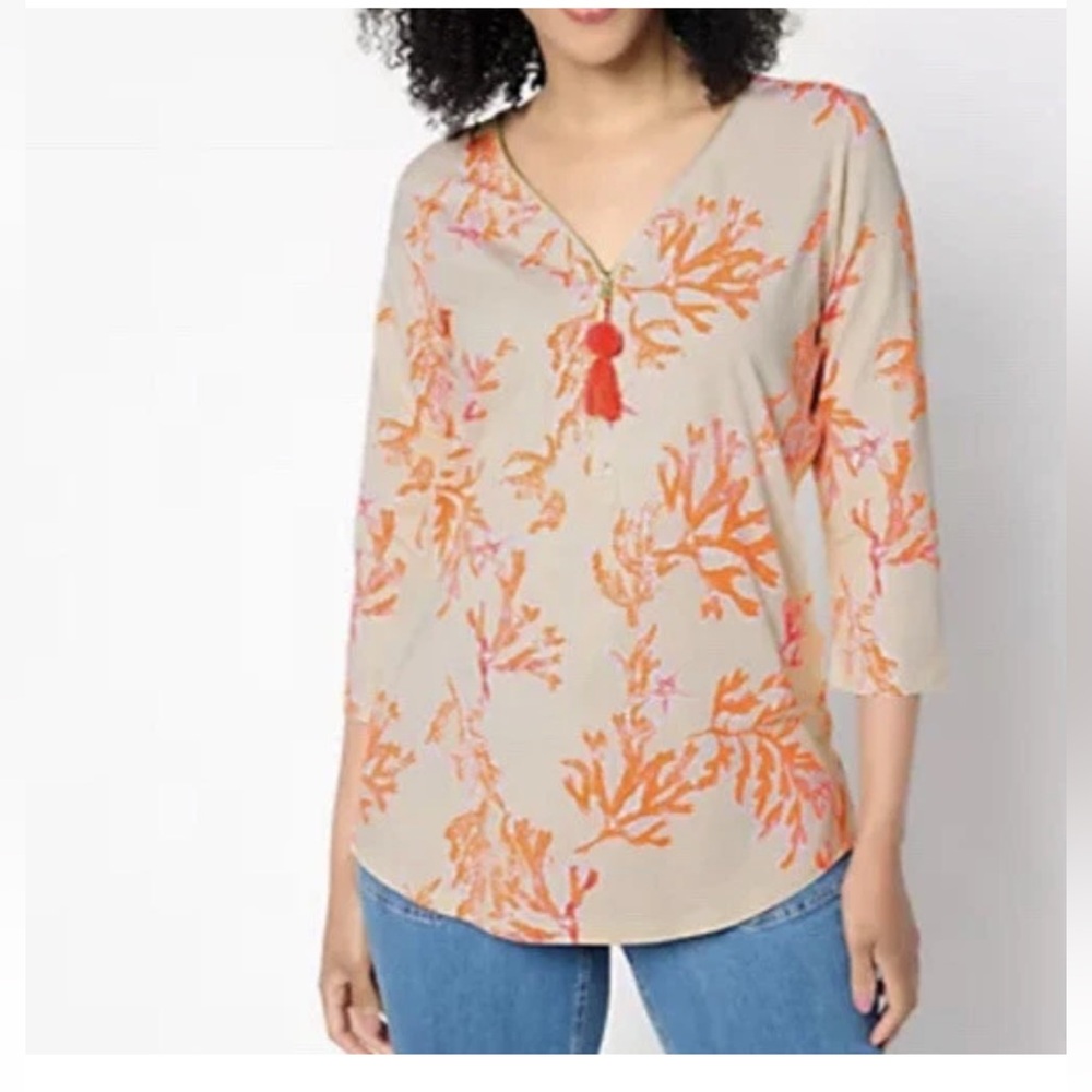 BELLE Kim Gravel Top Almafi Coral Beige Medium Zipper Neck Tassel 3/4 Sleeve